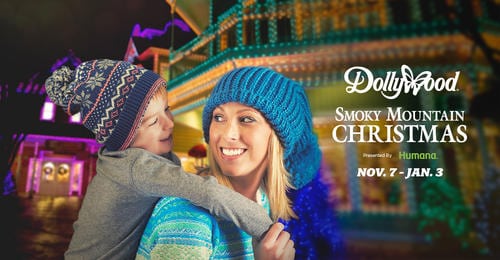 A photo promoting Dollywood's Smoky Mountain Christmas celebration.