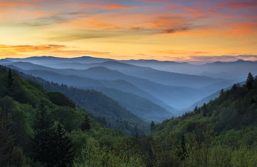 A sunrise in the Great Smoky Mountains National Park.