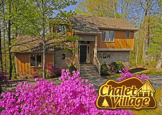Beautiful pink flowers in front of a cabin at Chalet Village in Gatlinburg TN.