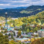 The downtown Gatlinburg skyline and the mountains