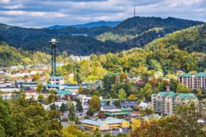 The downtown Gatlinburg skyline and the mountains