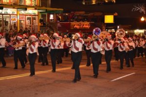 A marching band in the Fantasy of Lights Christmas Parade in Gatlinburg TN.