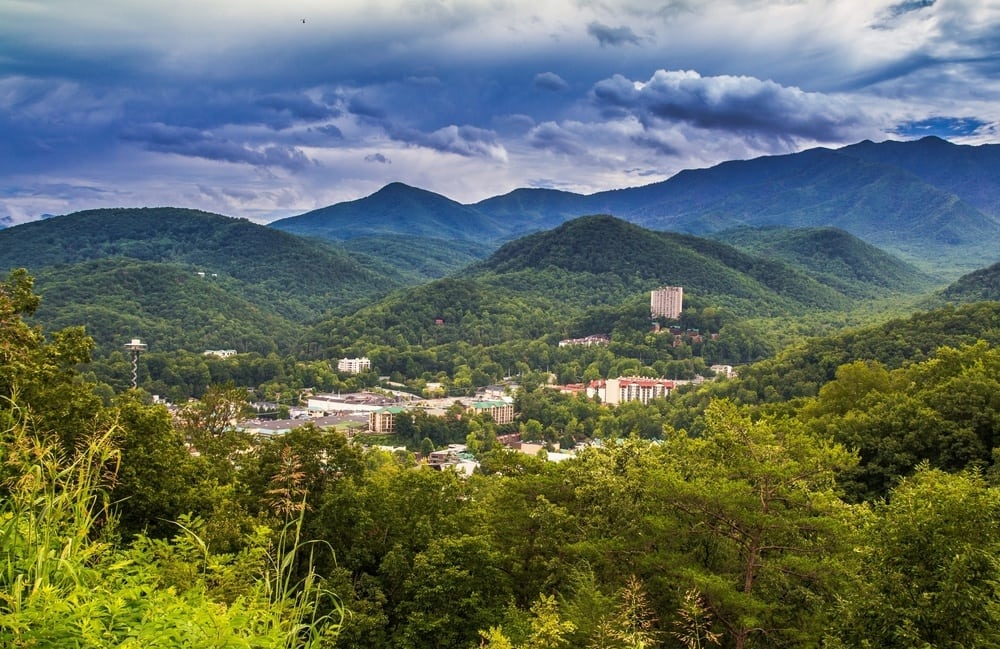 The city of Gatlinburg TN in the mountains.