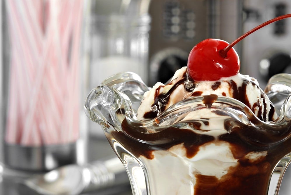 A tasty hot fudge sundae.