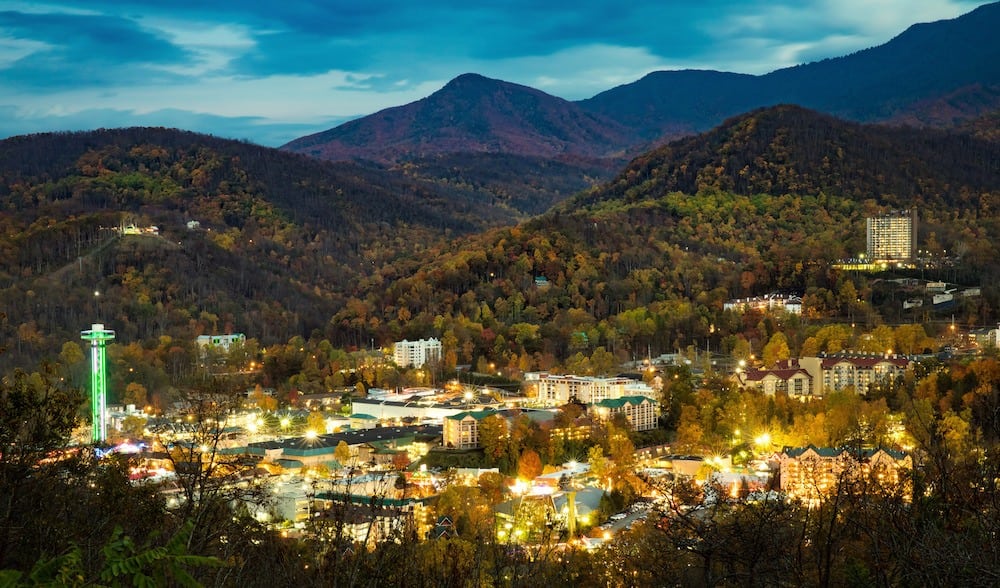 Evening view of city lights in Gatlinburg Tn