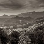 Black and white photo of Gatlinburg and the Smoky Mountains.