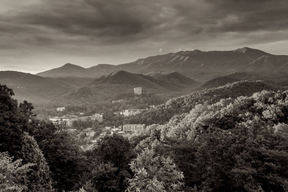 Black and white photo of Gatlinburg and the Smoky Mountains.